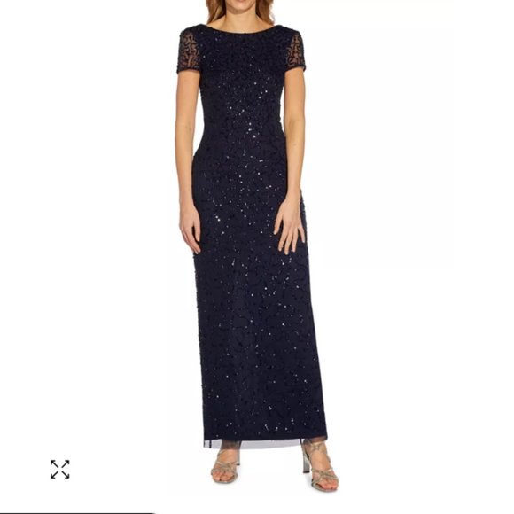 Adrianna Papell Dresses & Skirts - Adrianna Papell Low Back Beaded Sequin Navy Blue Column Gown Size 6